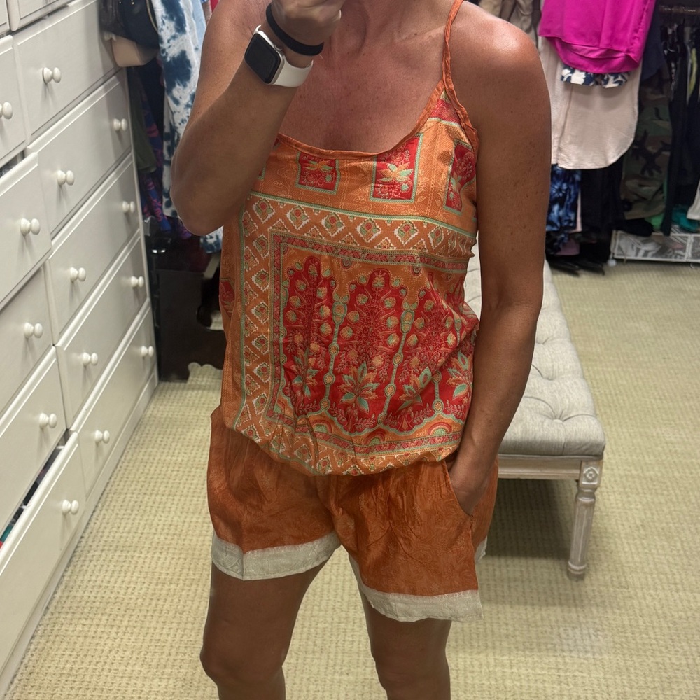 Orange and Cream Patterned Tank Top Romper NWT